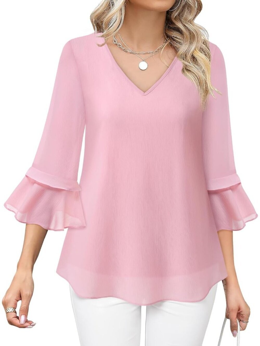 Women's Top Pink Casual Ruffle 3/4 Sleeves V Neck Floral Chiffon Blouses
